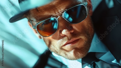 A confident man in a classic suit, wearing sunglasses and a hat, is captured in close-up, exuding a sense of mystery and charisma in sharp, detailed focus.