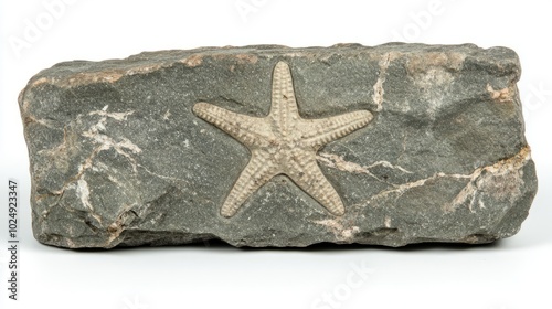 A close-up of a fossilized starfish with its arms and central disc intact, isolated on a white background