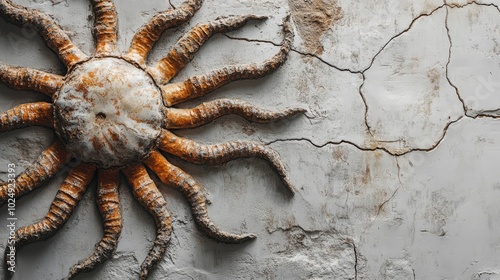 A close-up of a fossilized starfish with its arms and central disc intact, isolated on a white background