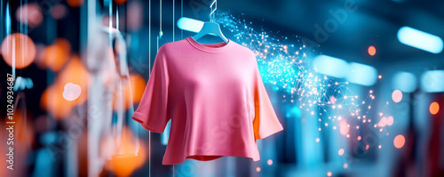 vibrant pink shirt hangs on display, surrounded by magical aura of sparkling lights, showcasing allure of boutique fashion in virtual shopping experience