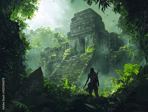 Daring Explorer Navigating Lush Overgrown Jungle Clearing Path to Uncover Ancient Ruins