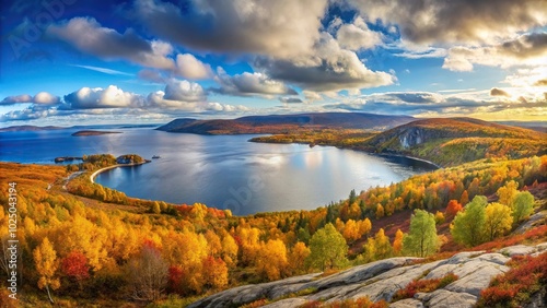 Wide-angle magnificent panorama of the northern autumn nature in Murmansk region Apatity Kirovsk and the White Sea