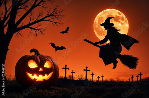 jack o lantern and witch flying on a broom against the background of the moon