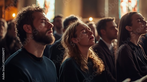 A young woman weeps while praying in a church.