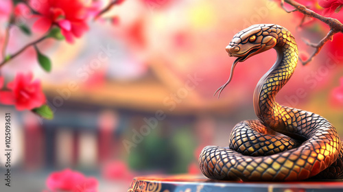 Gold and Red Wooden Serpent, Sculpture Chinese Lunar New Year Celebration, Snake Symbol, Festive Background with Copy Space.