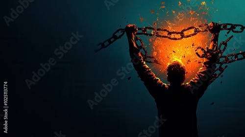 Silhouette of a person breaking chains against a dramatic backdrop, symbolizing freedom.