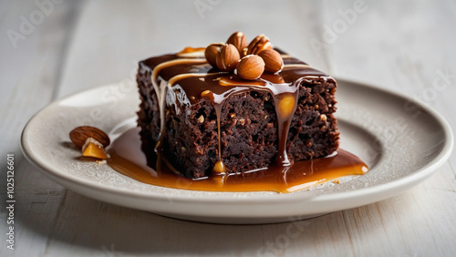 Classic soft delicious brownie with nuts and caramel on a plate