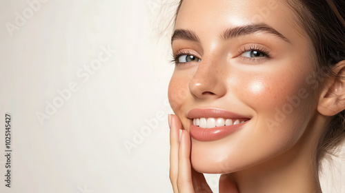 A closeup of a radiant woman with smooth, hydrated skin, gently touching her cheek while smiling against a soft, white background