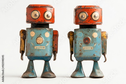 Two small robot toys standing together, likely playmates or companions