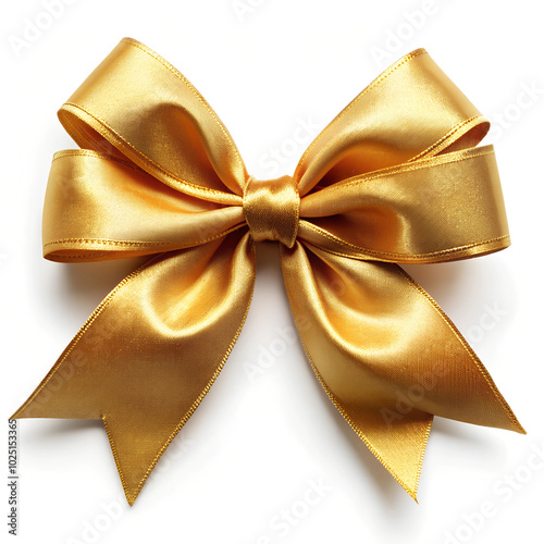 A neatly tied, shiny golden satin ribbon bow with smooth, flowing loops and pointed ends, displayed on a clean white background. It radiates elegance and festive charm.