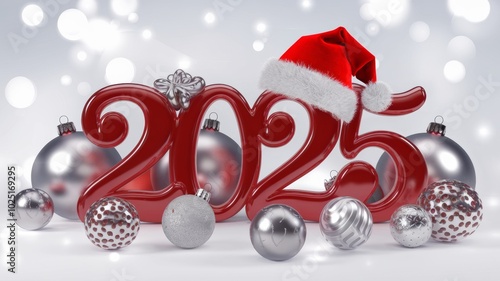 A delightful festive 3D rendering with the number "2025" typed in a playful red italic font. One of the digits of the number is decorated with a Santa hat, which adds to the festive mood.