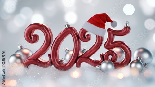 A delightful festive 3D rendering with the number "2025" typed in a playful red italic font. One of the digits of the number is decorated with a Santa hat, which adds to the festive mood.