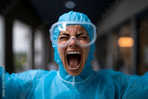 Healthcare worker in a hospital during a pandemic, wearing protective gear and showing exhaustion, symbolizing their selfless sacrifice to save lives