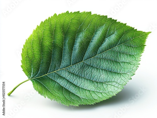 A realistic linden leaf with a heart shape and finely serrated edges, isolated on white background 