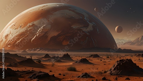 A stylized martian globe with barren terrain and a fictional bird-like creature, symbolizing the harsh environment and potential ecosystems of Mars. AI-Generated 