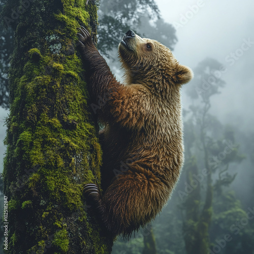 A majestic grizzly bear climbs moss covered tree in misty forest, showcasing its strength and grace. serene atmosphere adds to bears regal presence