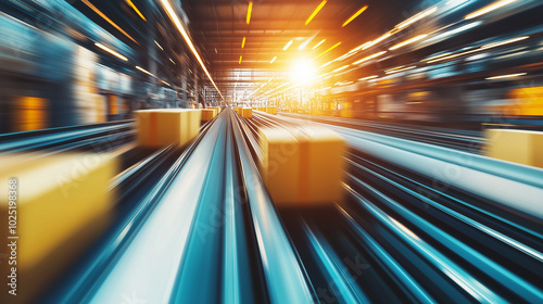 Blurred motion of packages moving rapidly on a conveyor belt in a high-speed logistics facility. 