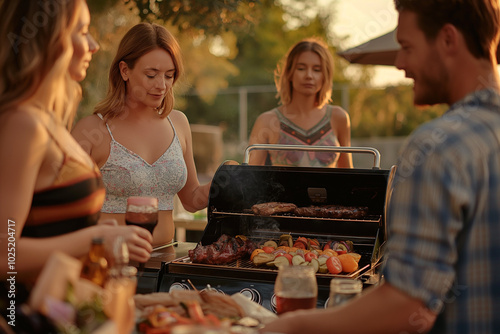 Friends having a barbecue with vintage grill