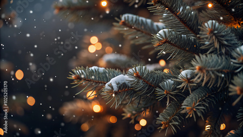 Snow fall in winter forest. Christmas new year magic. Blue spruce fir tree branches detail. Banner image