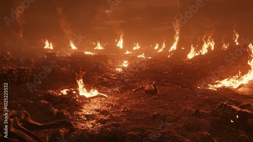 Infernal Desolation - A Nightmarish 3D Render of a Bone-Strewn Hellscape with Erupting Flames | Ultra-Detailed, Cinematic Lightning