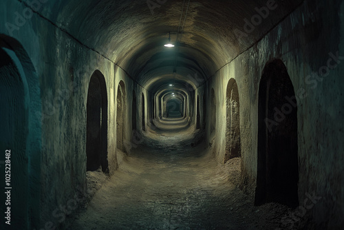 Underground passageway with exposed beams and shadowy corners