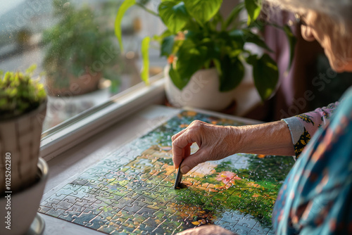 A person solving a puzzle near a sunlit window