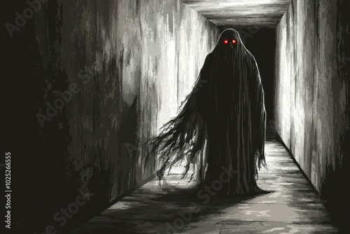 A Figure in Black Robes with Glowing Red Eyes Standing in a Dark Hallway