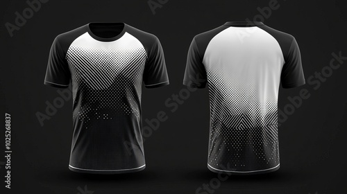 T-shirt jersey design with geometric halftones, front view mockup. Sport club template. 