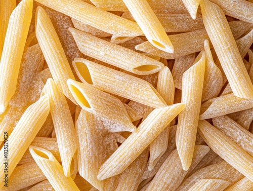 Penne Pasta rigate background top view a lot of dry raw pasta pieces -