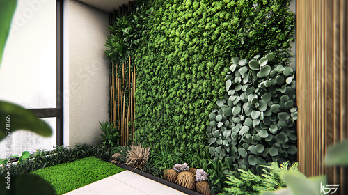 The design incorporates ivy, succulents, and bamboo, arranged within a structured plant frame to maximize vertical space and create a sense of depth. Include decorative ecological driftwood covered in