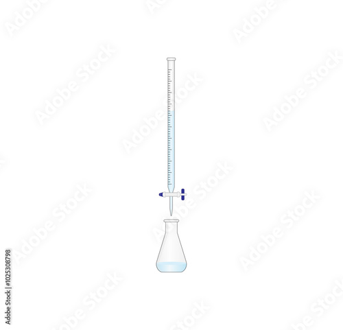 Titration procedure. Titrant in a burette and analyte in a conical flask, scientific experiment in the laboratory. Scientific vector illustration. 