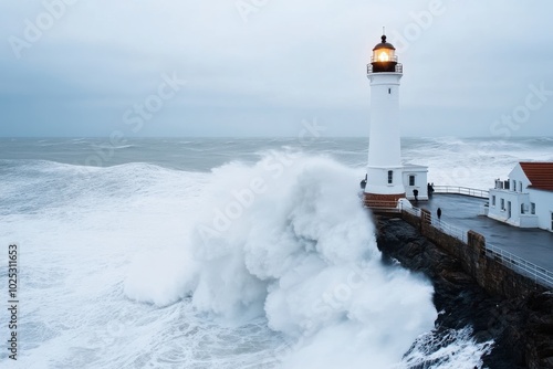 The lighthouse stands bravely amid a turbulent sea, where giant waves send sprays soaring, showing both the tempest's force and the beacon's unwavering presence.