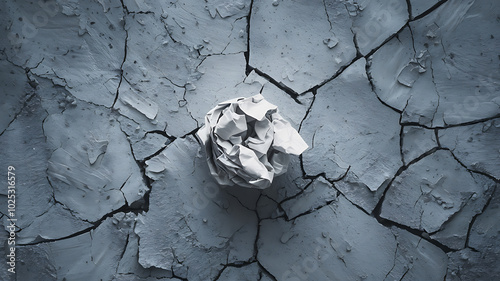 White paper ball on cracked grey background abstract minimalism concept hopelessness despair. 