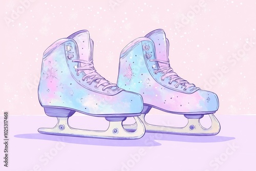 Whimsical Vintage Ice Skates in Soft Watercolor Hues. Watercolor Illustration in Pastel Colours