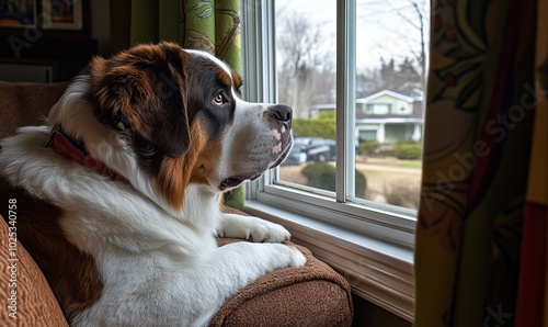 Large saint bernard dog stares out the living room window