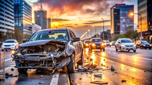 Car Accident Scene: Damaged Vehicle After Collision with Debris and Blurred City Traffic at Twilight - Urban Traffic Incident