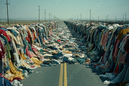 Aerial view of a vast fast fashion waste dump along a secluded road