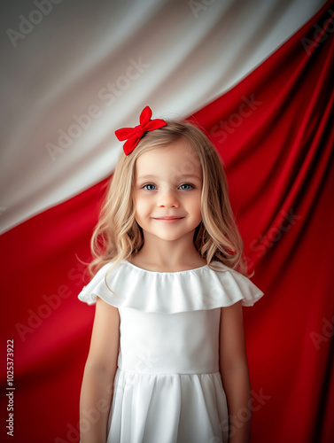 Smiling little girl in white dress standing in front of polish flag. Poland Independence Day. 11th November