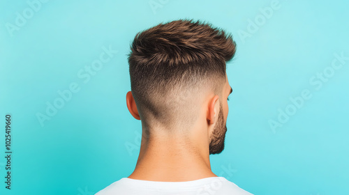 Stylish haircut on a young man's head, showcasing detailed fade and texture against a vibrant turquoise background.