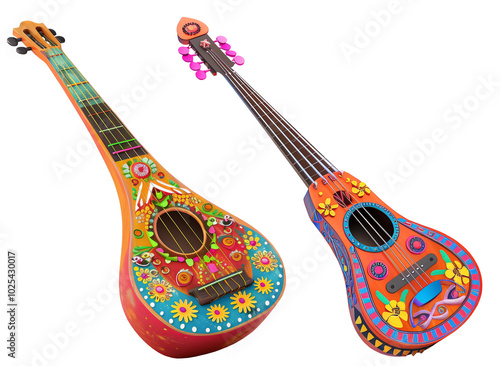 Two Colorful Ornate Balalaika with Floral Designs