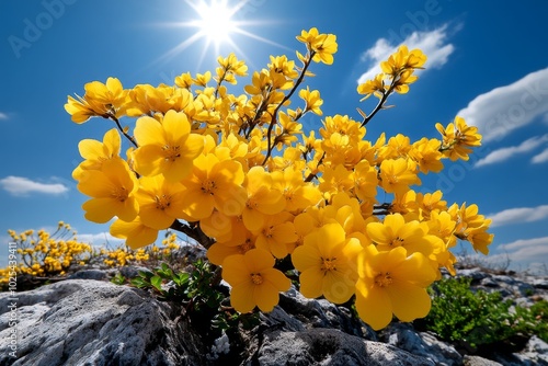 Endemic mountain wildflowers, with Aubrieta Deltoidea growing on rocky outcrops and Forsythia dotting the landscape with bursts of yellow