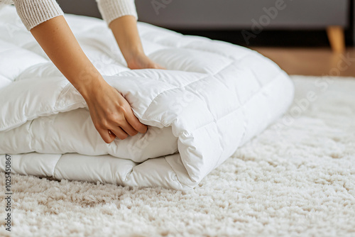 a woman placing down comforter inside duvet cover on plush carpet