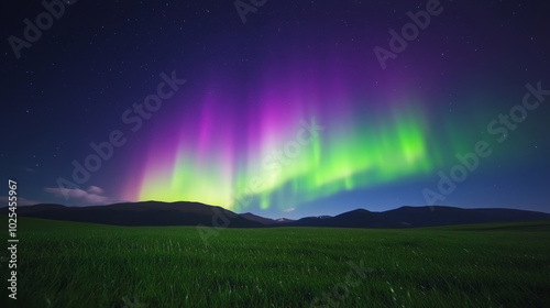 stunning landscape beneath sky glowing with vibrant auroras, showcasing shades of green and purple illuminating night. serene grassland adds to beauty of this natural phenomenon