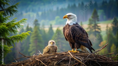 Minimalist image of eagle and eaglet in nest in forest