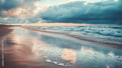 A tranquil beach scene with gentle rain falling on the sand, creating small puddles that catch the light. The horizon is cloudy, with waves lapping softly at the shore