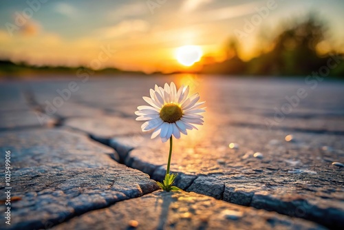 Daisy flower on cracked asphalt road at sunset nature background, tilted angle