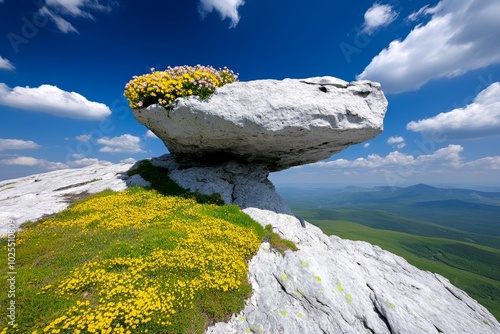 Endemic mountain wildflowers, with Aubrieta Deltoidea growing on rocky outcrops and Forsythia dotting the landscape with bursts of yellow