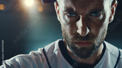 Close-Up of a Focused Baseball Player in Professional Uniform, Intense Expression as He Prepares to Throw the Ball During a Playoff Game, Highlighting the High-Stakes Atmosphere