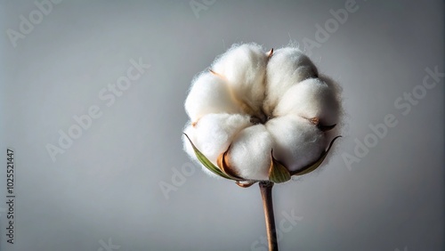 Delicate white fluffy cotton flower on light gray background with reflection macro shoot Cotton boll