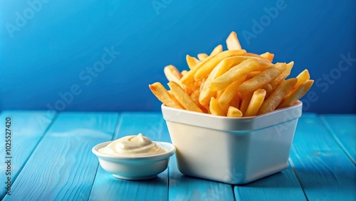 Delicious crispy fries with mayo in container on blue backdrop, top view